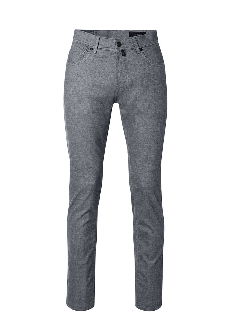 Slim-Fit graue Hose aus strukturiertem Stoff mit glatter Oberfläche. Mit fünf Taschen, einem Knopfverschluss und einem Bund mit Gürtelschlaufen.