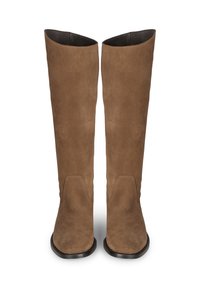 Stivali marroni in camoscio alti fino al ginocchio con una texture liscia, punta arrotondata e suola piatta nera. Presentano cuciture minime e nessun accento hardware visibile.