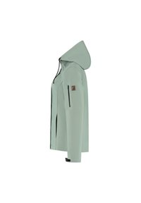 Veste vert clair avec capuche, dotée de poches latérales zippées, d'un patch logo sur la manche et d'un design élégant et épuré.