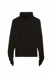 Haut noir à manches longues avec un col haut noué, design ajusté et accents drapés aux manches. Tissu doux et extensible sans motifs visibles.