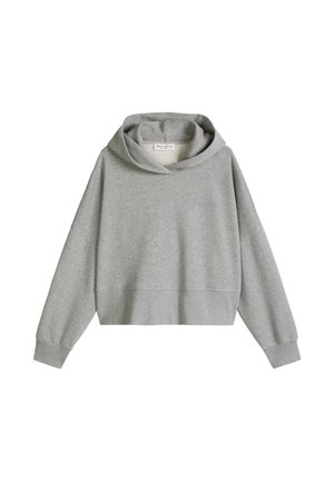 Sweat-shirt à capuche gris clair avec manches longues, poignets côtelés et coupe décontractée, présenté à plat sur fond blanc.