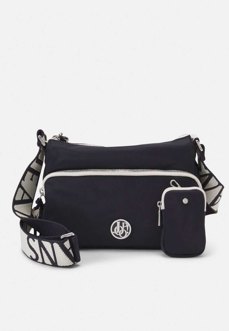 Borsa a tracolla blu navy in nylon, con logo argento, tasca frontale con zip e pochette staccabile con chiusura a zip. La tracolla presenta dettagli a motivo.