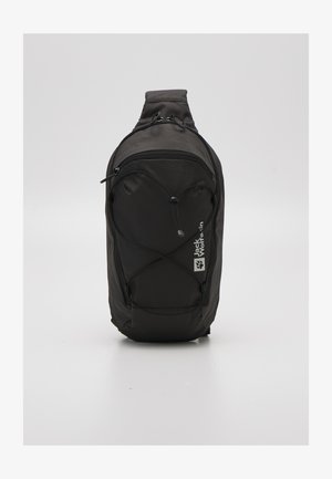 Black backpack with a streamlined design, made of durable fabric. Features a zippered compartment, elastic cord accents, and logo detail.