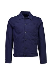 Granatowa kurtka dżinsowa z kołnierzem rozłożystym, zapięciem na guziki z przodu, dwoma kieszeniami na piersi oraz czystym, teksturowanym wykończeniem tkaniny.