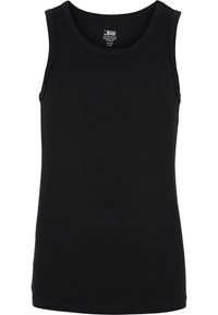 Black tank top made of soft cotton blend. Features a round neckline, no sleeves, and a simple, seamless design. Ideal for layering.