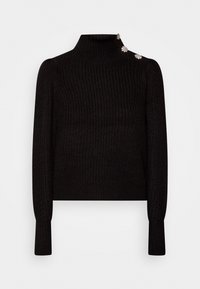 Maglione a maniche lunghe a collo alto in maglia a coste nera con decorazioni floreali sulle spalle. Presenta un design cropped e una texture morbida.
