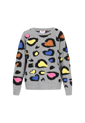 Gray long-sleeve sweater with multicolored heart and abstract spots pattern in pink, yellow, blue, orange, and black.