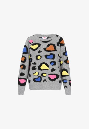 Gray long-sleeve sweater with multicolored heart and abstract spots pattern in pink, yellow, blue, orange, and black.