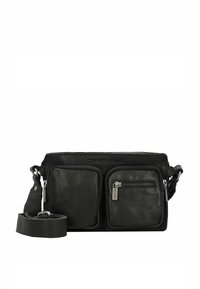 Borsa a tracolla in pelle nera con due tasche frontali con zip, tracolla regolabile, finitura testurizzata e dettaglio del logo sulla parte superiore. Design compatto.
