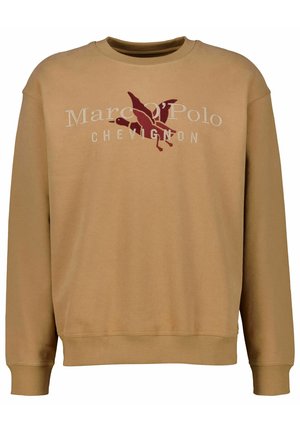 Felpa marrone a girocollo realizzata in tessuto morbido, con un logo centrale in testo maroon e bianco e un disegno di uccello sopra. Maniche e orlo a costine.