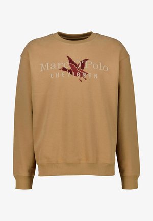 Sudadera de cuello redondo marrón hecha de una tela suave, con un logo central en texto burdeos y blanco con un diseño de pájaro arriba. Puños y dobladillo acanalados.