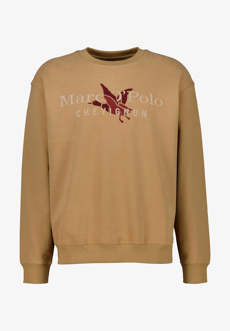 Bruine sweatshirt met ronde hals gemaakt van zachte stof, met een centraal logo in kastanjebruine en witte tekst en een vogelontwerp erboven. Geribbelde boorden en zoom.