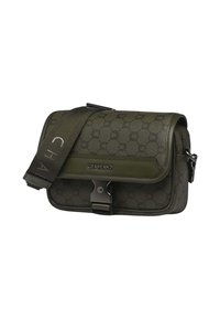 Sac en cuir vert à bandoulière avec motif en relief, fermeture à bouton-pression magnétique, sangle réglable et logo sur la sangle. Design rectangulaire compact.