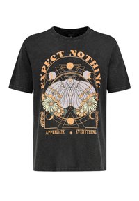 Black cotton t-shirt featuring a central graphic with a moth, flowers, and geometric elements in orange and gray. Round neck, short sleeves.