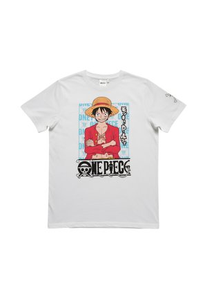 Maglietta bianca con il personaggio anime Monkey D. Luffy in giacca rossa e cappello di paglia con il logo di One Piece sotto.