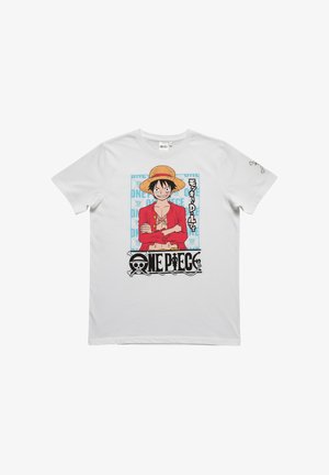 Maglietta bianca con il personaggio anime Monkey D. Luffy in giacca rossa e cappello di paglia con il logo di One Piece sotto.
