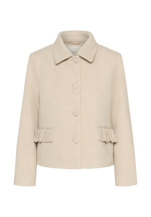 Bež jakna od vune s ovratnikom, kopčanjem na gumbe i naborima na džepovima. Ima dugačke rukave i strukturirani kroj.