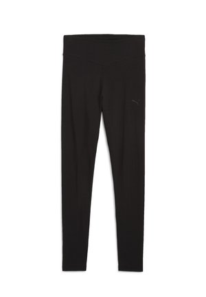 Leggings negros hechos de una tela elástica, con una cinturilla ancha y un pequeño logo en la parte inferior de la pierna izquierda. Textura suave, diseño ajustado.