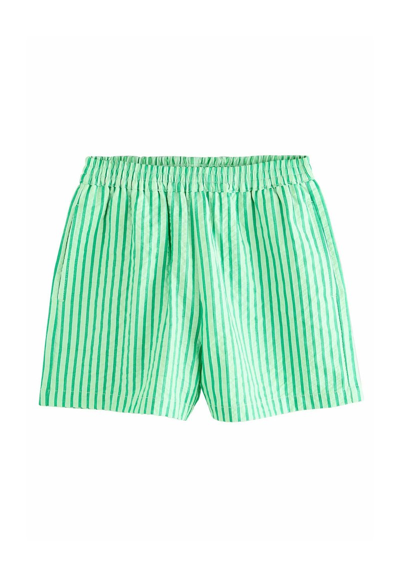 Shorts rayés verts en tissu léger. Dotés d'une taille élastique et d'une coupe droite avec des rayures verticales étroites.