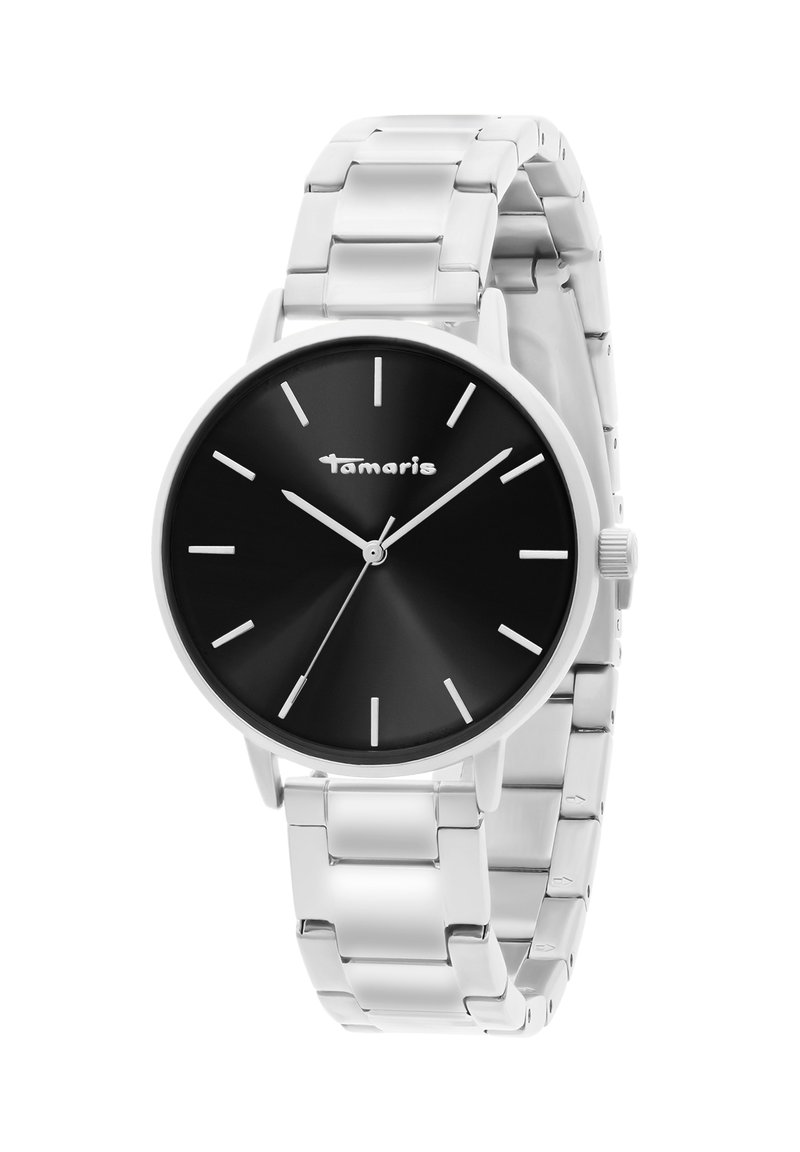 Silberne Metallarmbanduhr mit schwarzem Ziffernblatt, minimalistischen weißen Stundenmarkierungen und schlanken weißen Zeigern, die 10:08:36 anzeigen.