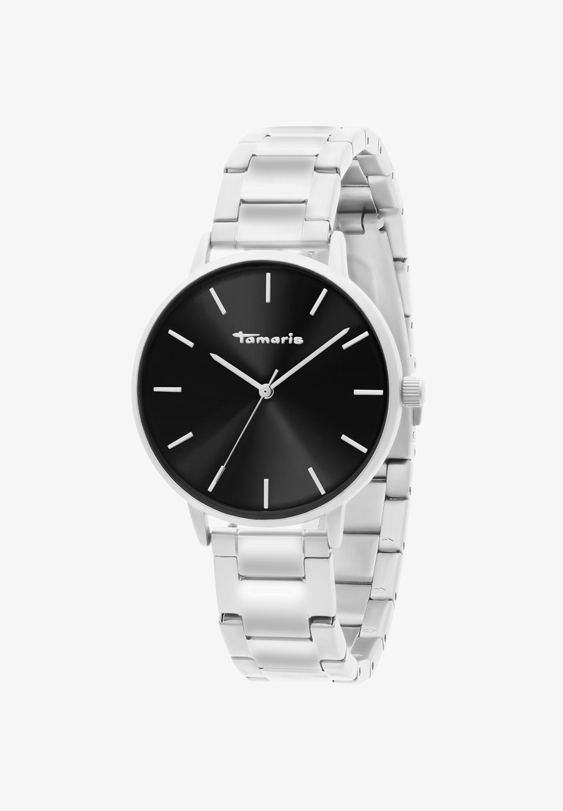 Silberne Metallarmbanduhr mit schwarzem Ziffernblatt, minimalistischen weißen Stundenmarkierungen und schlanken weißen Zeigern, die 10:08:36 anzeigen.