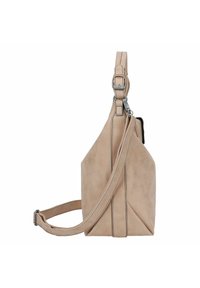 Bolso de piel beige con forma estructurada, que cuenta con una correa desmontable y costuras en contraste. Textura suave con un diseño minimalista.