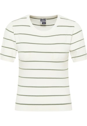 T-shirt en tricot à manches courtes en crème avec des rayures horizontales vertes. Il a un col rond et une texture douce. Coupe régulière.