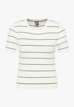T-shirt en tricot à manches courtes en crème avec des rayures horizontales vertes. Il a un col rond et une texture douce. Coupe régulière.