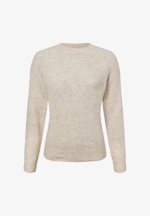 Beiger Pullover aus einem weichen, strukturierten Stoff. Verfügt über einen runden Ausschnitt und lange Ärmel mit gerippten Bündchen und Saum.