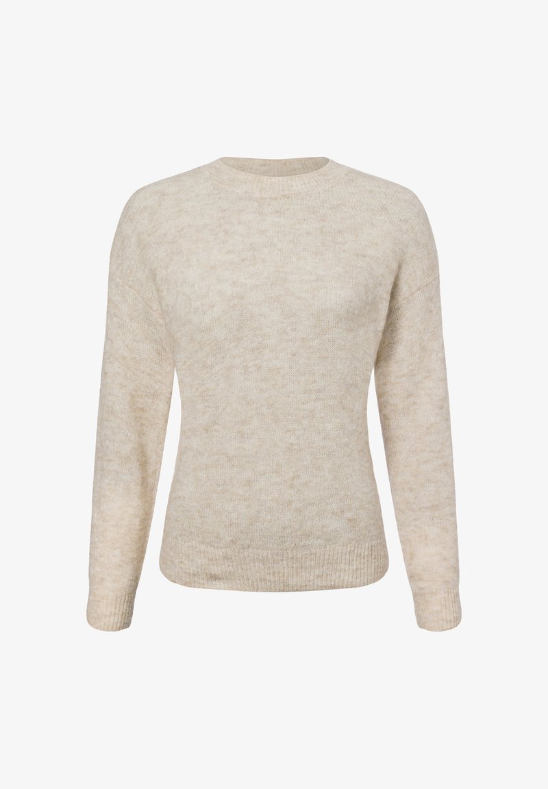 Beiger Pullover aus einem weichen, strukturierten Stoff. Verfügt über einen runden Ausschnitt und lange Ärmel mit gerippten Bündchen und Saum.