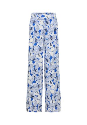 Blue and white wide-leg pants with a large floral pattern and high waistband.
