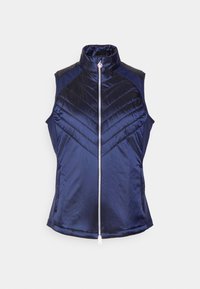Námořnická quiltovaná vesta s vysokým límcem a předním zipem. Obsahuje diagonální švy a pevné panely na ramenou. Hladká textura.