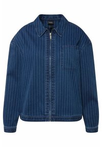 Jeansjacka i mörkblått med vertikala vita ränder. Har dragkedjestängning, krage och en bröstficka. Oversized passform och strukturerad tyg.