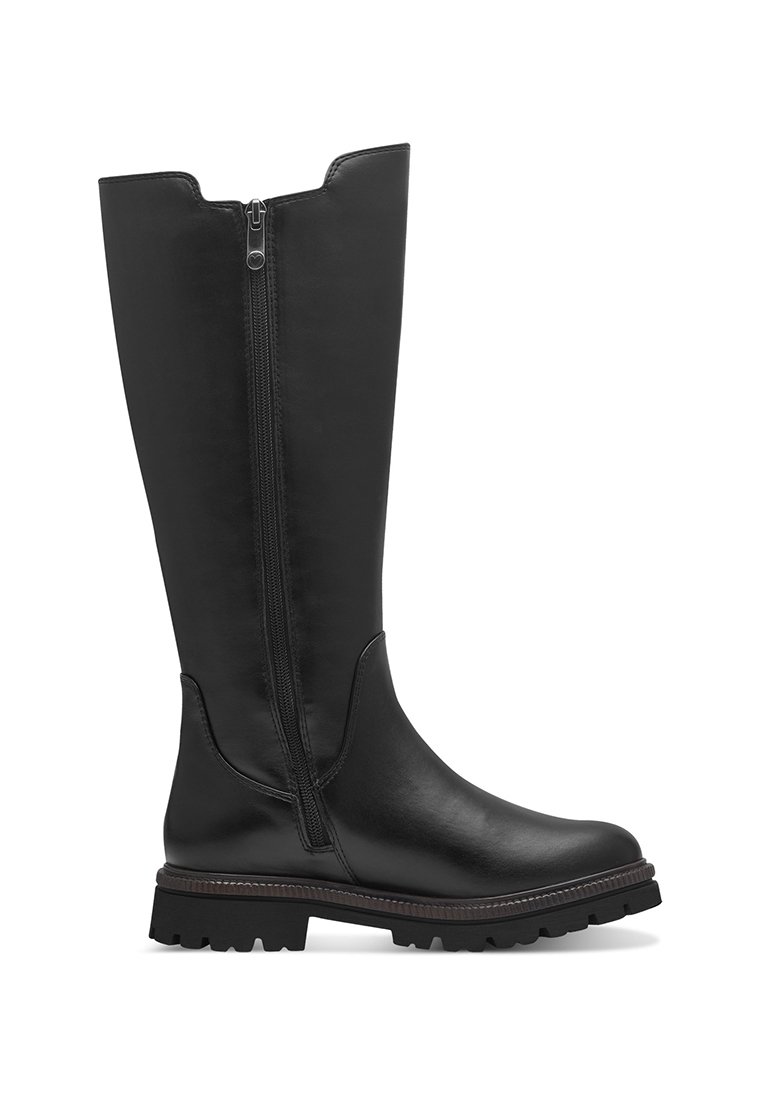 Hohe schwarze Lederstiefel mit glatter Oberfläche, seitlichem Reißverschluss und dicker Gummisohle. Einfaches Design ohne sichtbare Muster oder Akzente.