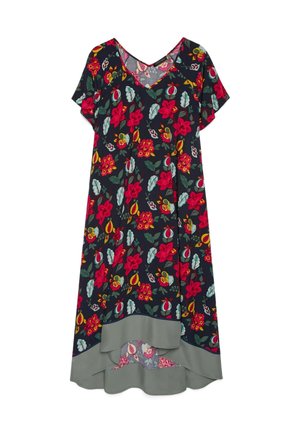 Vestito da donna blu navy con scollo a V, maniche corte, stampa floreale rossa e gialla e orlo grigio a strati.