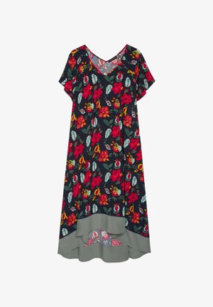 Damska granatowa sukienka z dekoltem w serek, krótkimi rękawami, czerwono-żółtym kwiatowym wzorem i warstwowym szarym dołem.