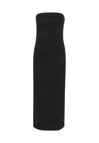 Utan axelband, figurnära midi-klänning i svart med rak halsringning och en slät yta på en vit bakgrund.