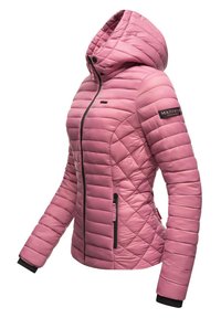 Pink padded jacket with a hood, featuring quilted pattern, zip front, and black accents. Elastic cuffs for a secure fit.