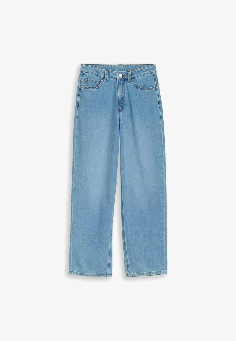 Jean bleu clair taille haute à jambes droites avec bouton frontal, fermeture éclair, passants pour ceinture et design cinq poches, présenté à plat sur un fond blanc.