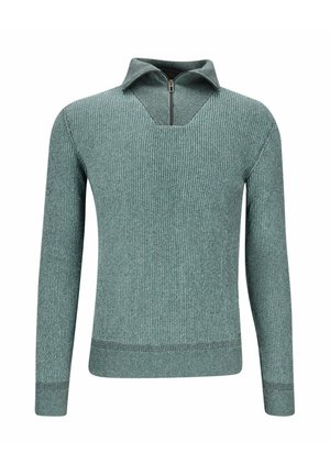 Grüner strukturierter Pullover mit einem halben Reißverschlusskragen und langen Ärmeln mit gerippten Details sowie einer figurbetonten Passform.