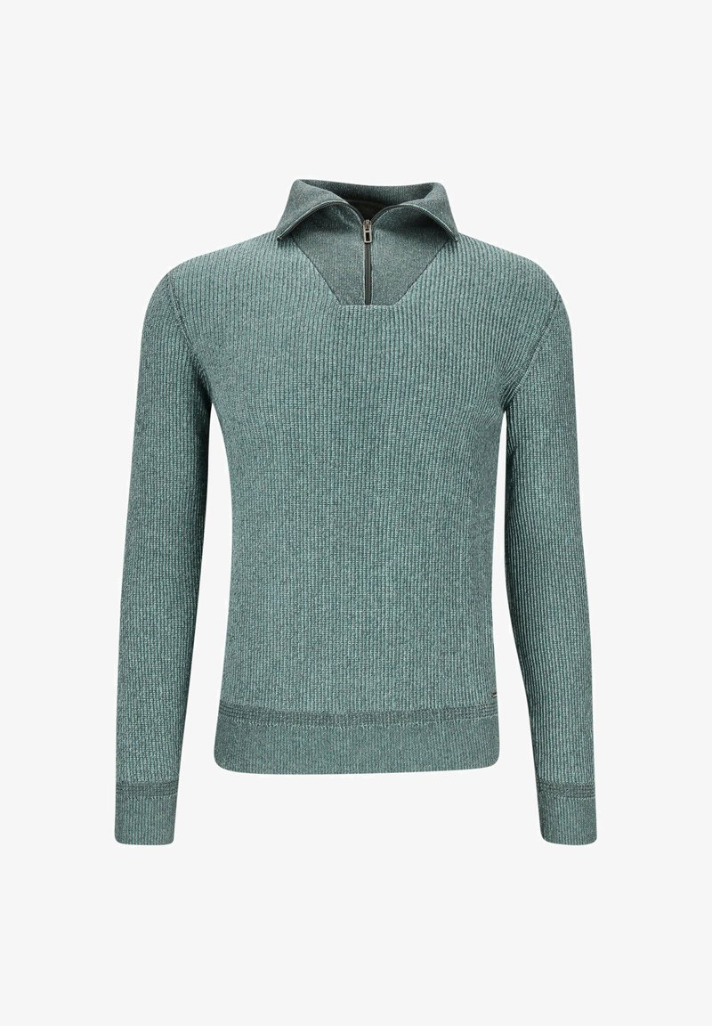 Grüner strukturierter Pullover mit einem halben Reißverschlusskragen und langen Ärmeln mit gerippten Details sowie einer figurbetonten Passform.