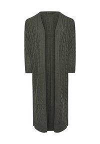 Lång, öppen fram cardigan i mörkgrön, med snörstickad struktur och trekvartsärmar, med ribbade detaljer längs kanterna.