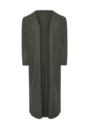Cardigan lungo aperto di colore verde scuro, con texture a maglia a treccia e maniche a tre quarti, caratterizzato da dettagli a costine lungo i bordi.