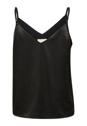 Czarna koszulka na ramiączkach z dekoltem w kształcie litery V, wykonana z gładkiego materiału, z regulowanymi ramiączkami i prostym dołem. Bez wzorów ani ozdób.
