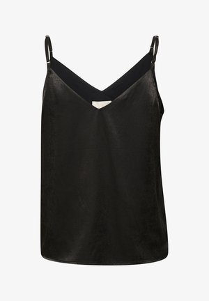 Czarna koszulka na ramiączkach z dekoltem w kształcie litery V, wykonana z gładkiego materiału, z regulowanymi ramiączkami i prostym dołem. Bez wzorów ani ozdób.