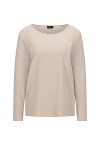 Helle beige Langarmoberteil mit Rundhalsausschnitt, strukturierter Stoff und lockerer Passform. Verfügt über ein dezentes Streifenmuster.