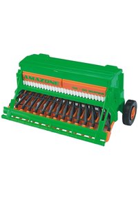 Amazone seed drill model in green and orange plastic, featuring black seed tubes, textured surface, and a large rear wheel for mobility.