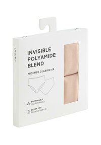 Mutande classiche a vita media in un misto di poliammide beige. Confezionate in una scatola bianca con grafica, etichettate come "traspiranti" e "ad asciugatura rapida".