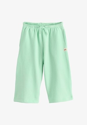 Pametno zelene pamučne kratke hlače s elastičnim pojasom i vezicom. Na strani imaju malu tkanu oznaku s grafikom duge.