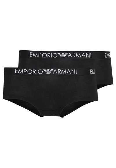 Black cotton brief underwear set featuring a logo waistband with "Emporio Armani" in white lettering. Smooth texture, minimalist design.